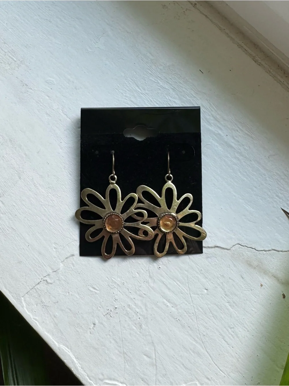 Gold Flower Drop Earrings with Amber Center - Women's Jewelry